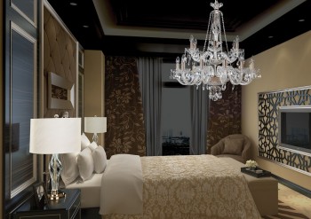 Table lamps and chandelier in bedroom